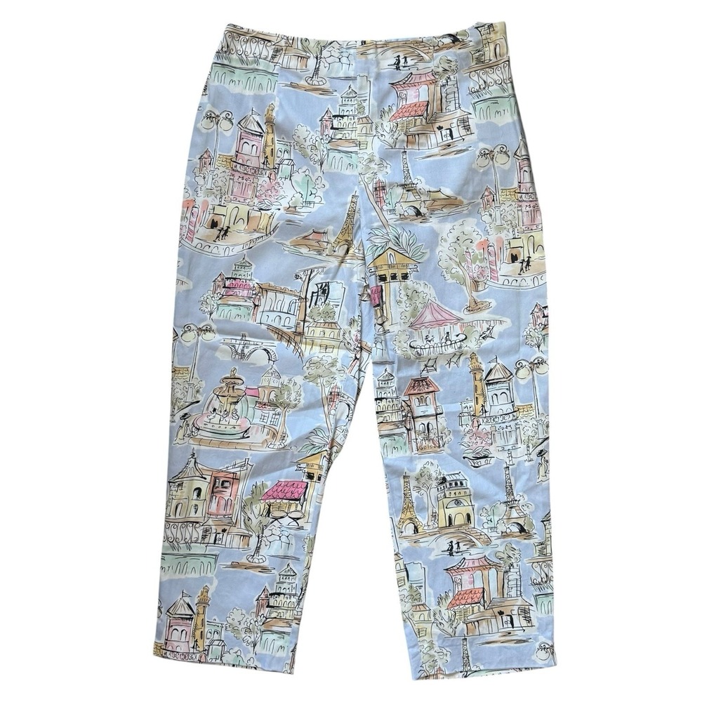 Y2K Paris Euro Summer Printed Capri Pants Sz 6 Travel Whimsical Stretch Talbots